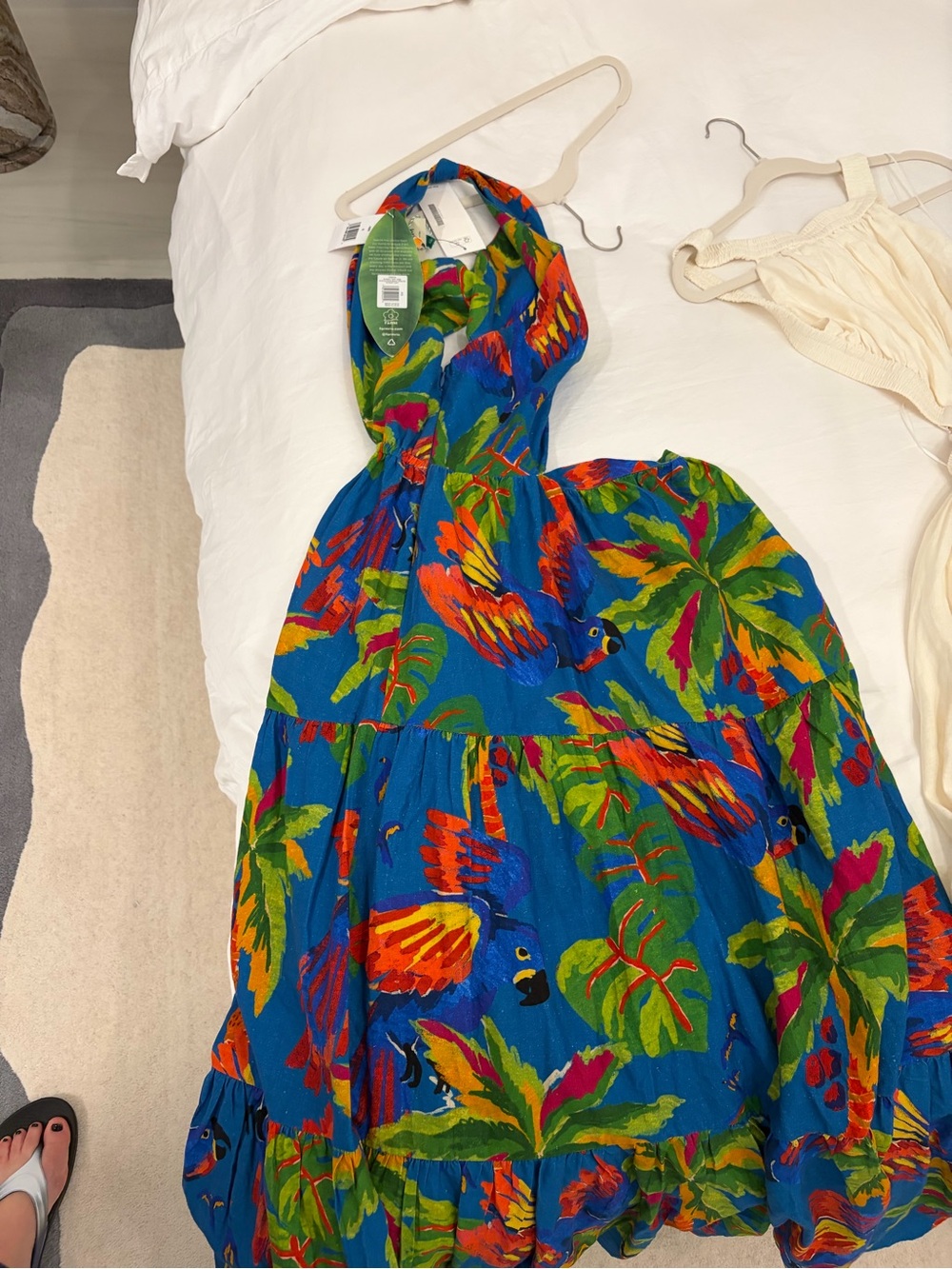 Bright Tropical Blue Parrot Print Halter Dress farm Rio